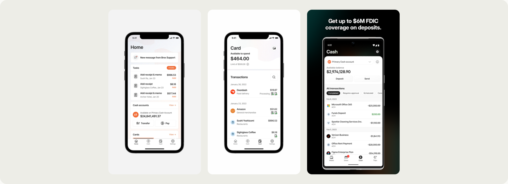 Brex's Cash tab, Card tab and Home screen side by side