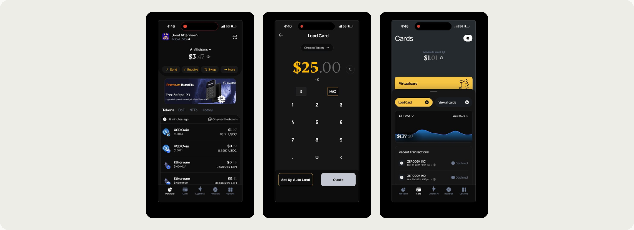 Cypher's holdings-only Home, its Card tab and the Load Card flow