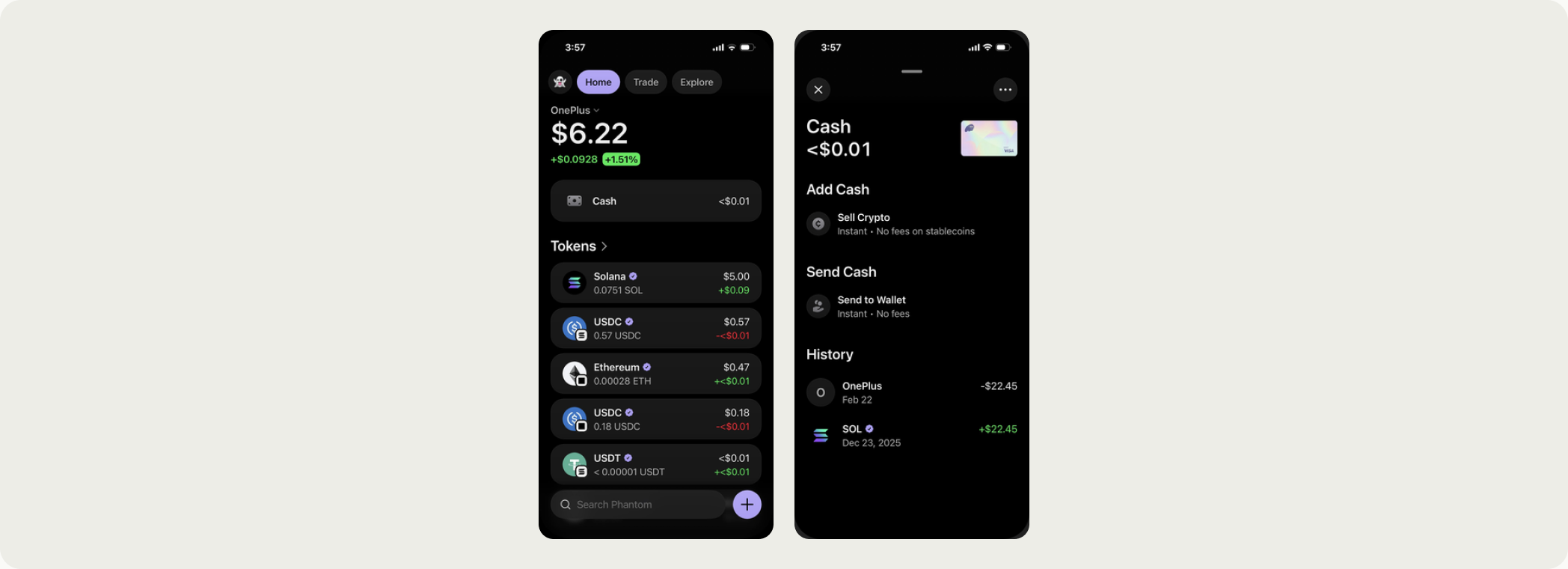 Phantom's token list with the Cash line at the top, and the Sell Crypto flow