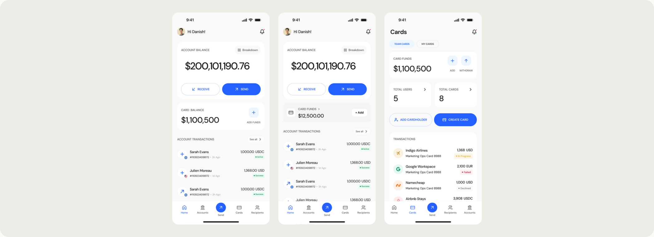 The old home screen, the updated home with the Card Funds strip, and the updated Cards tab