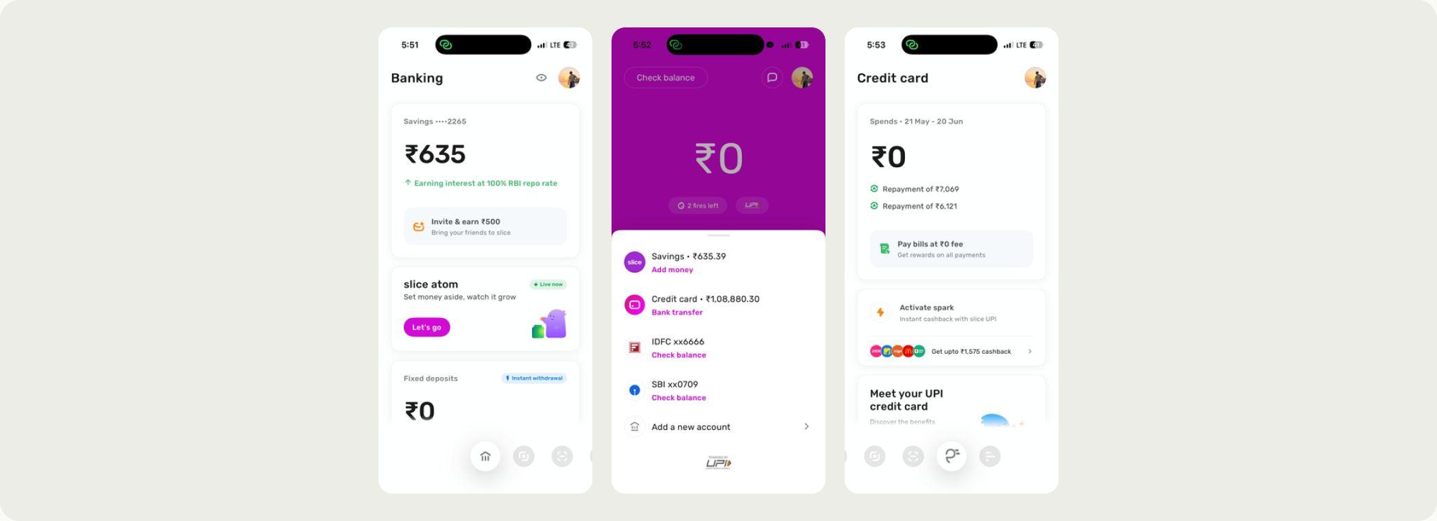 Slice's savings screen beside its card screen, which leads with spend rather than a stored amount