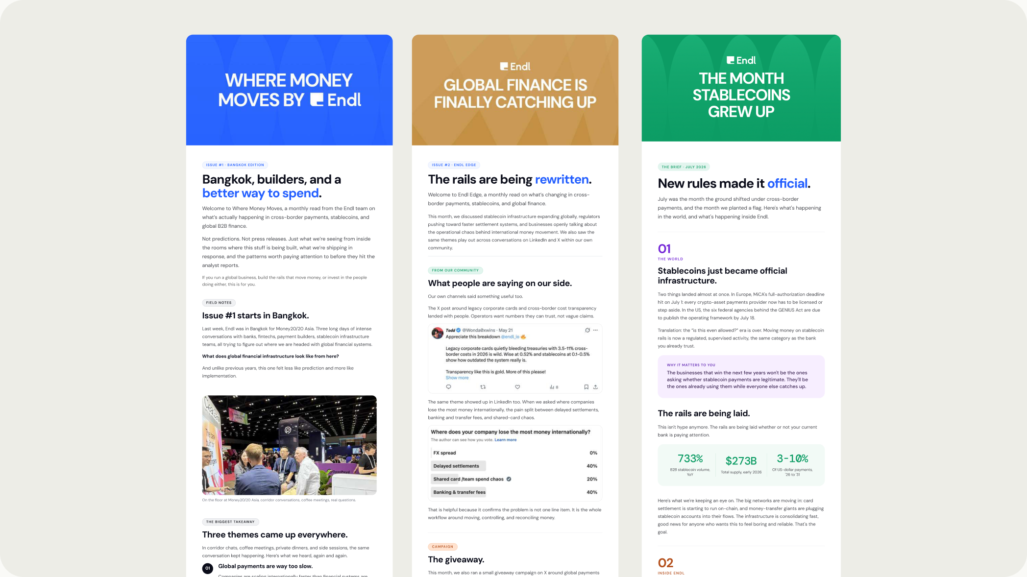 Three Endl newsletter issues, designed and built as HubSpot-ready HTML