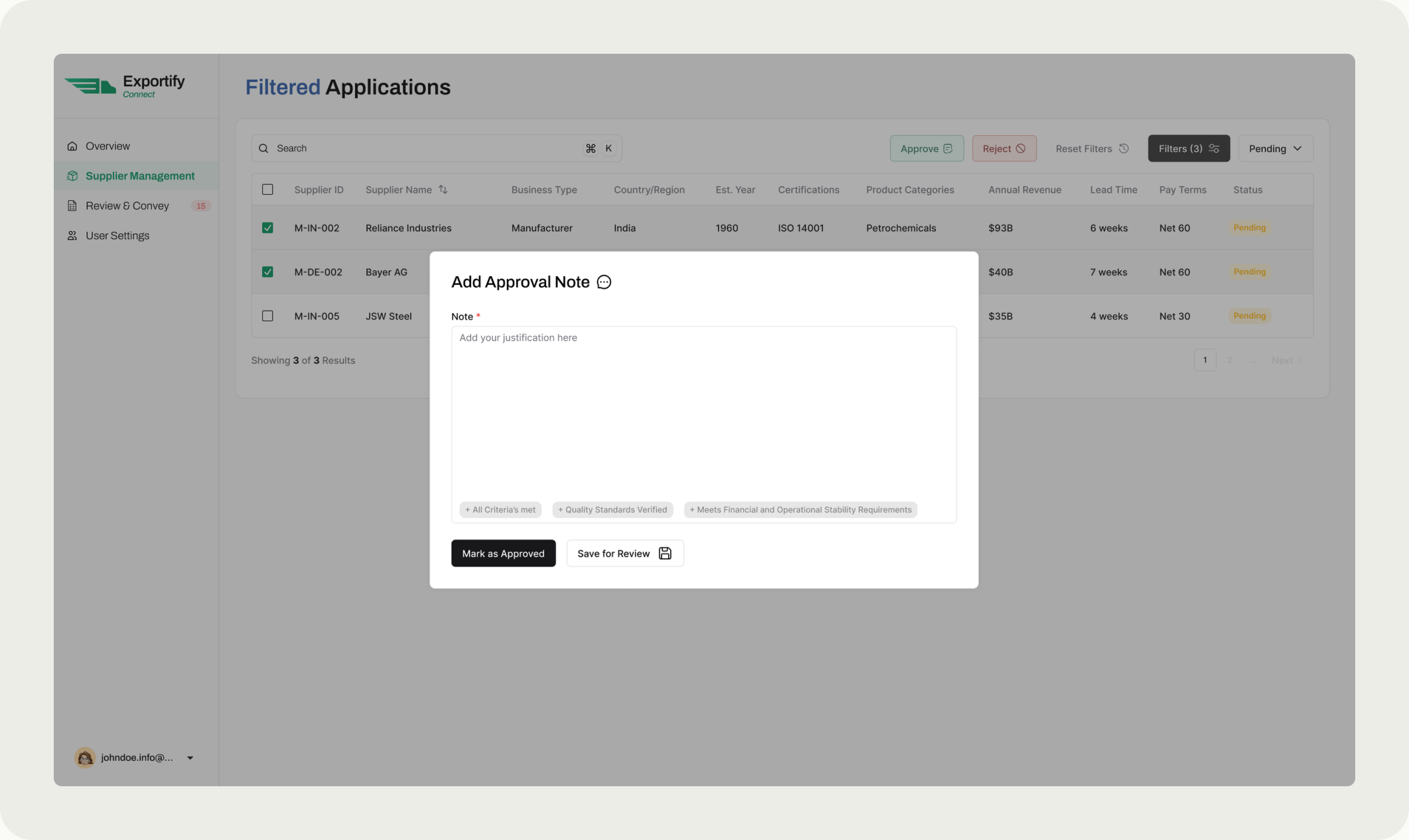 Approve and reject actions appearing on selection