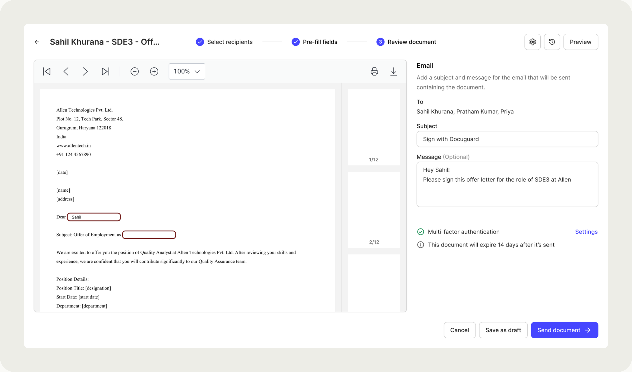 Filling the document's fields