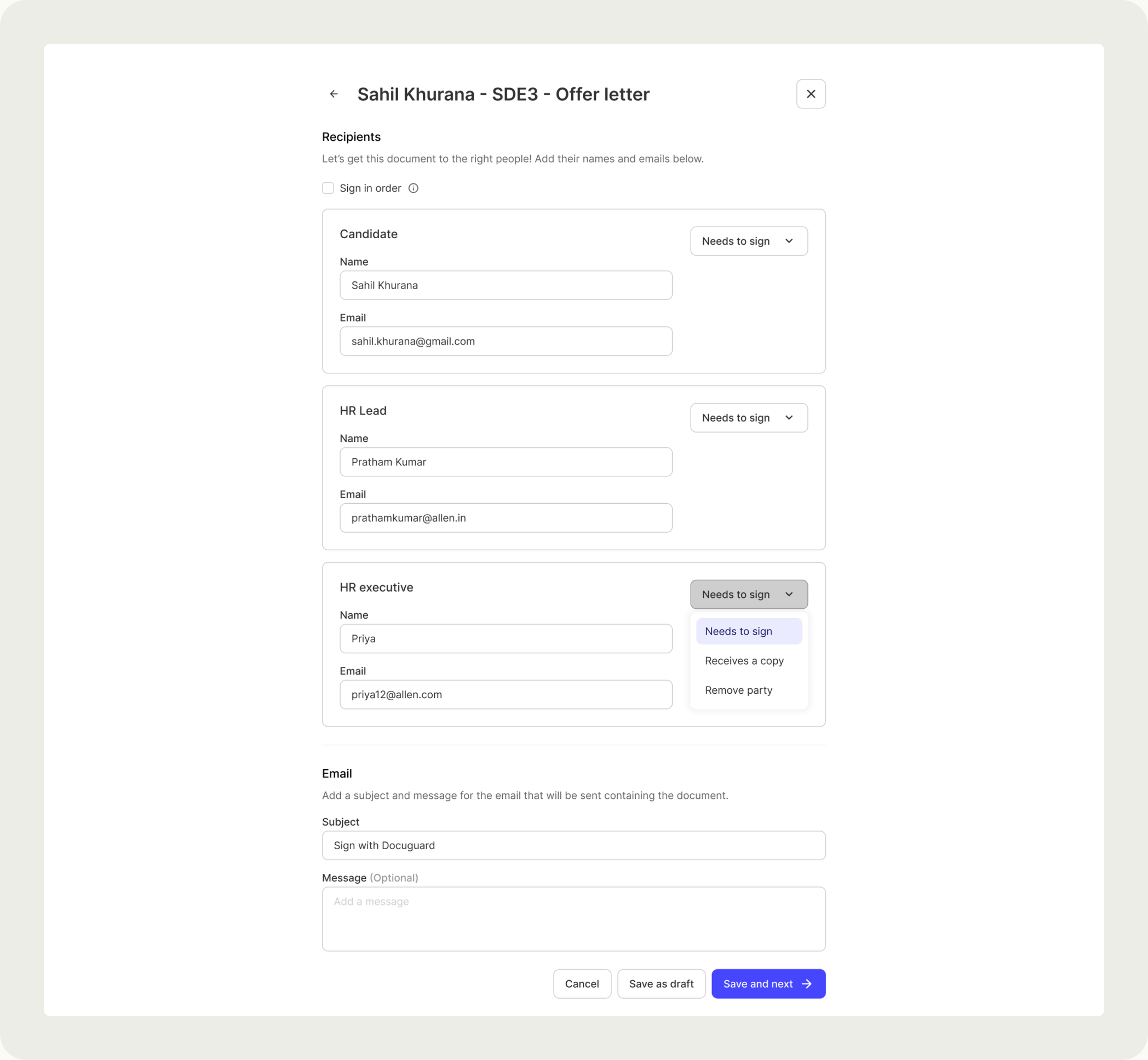 Adding signing parties to a document