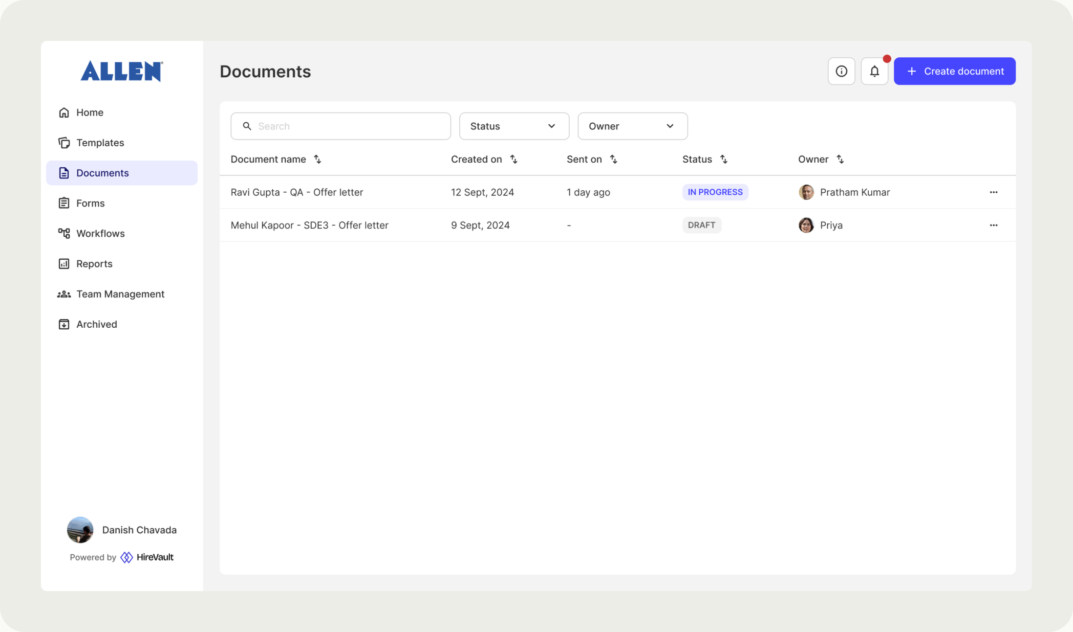 The documents dashboard by status and type