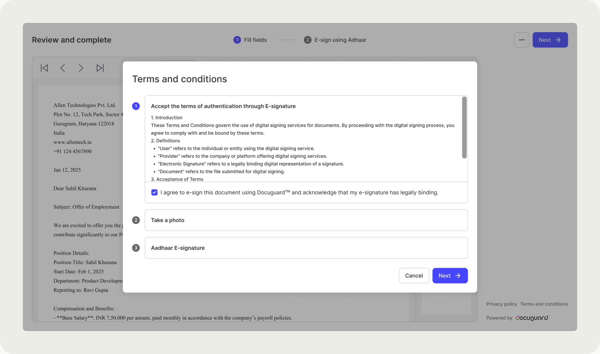 Document upload shown as a checklist