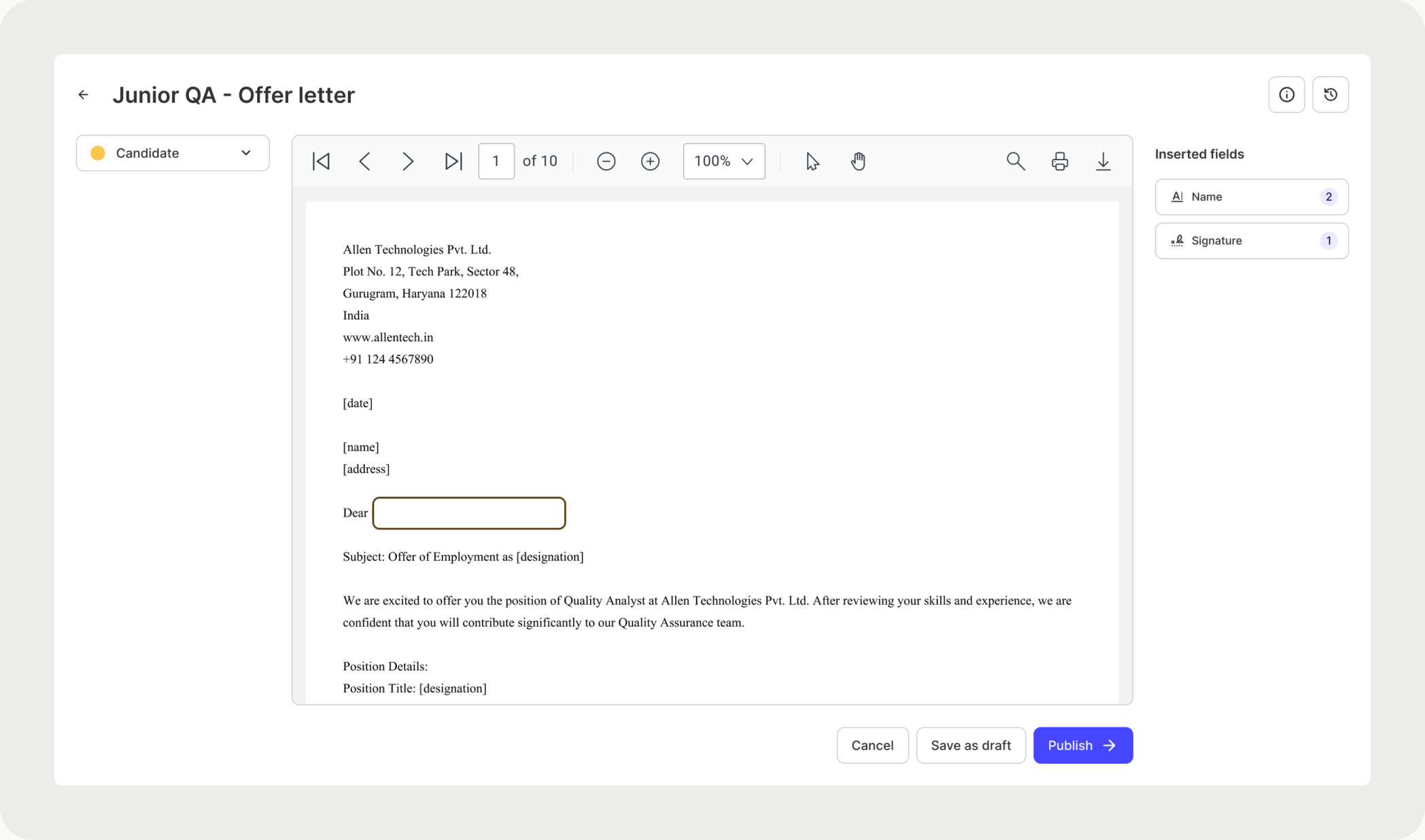 Reviewing the template with fields marked