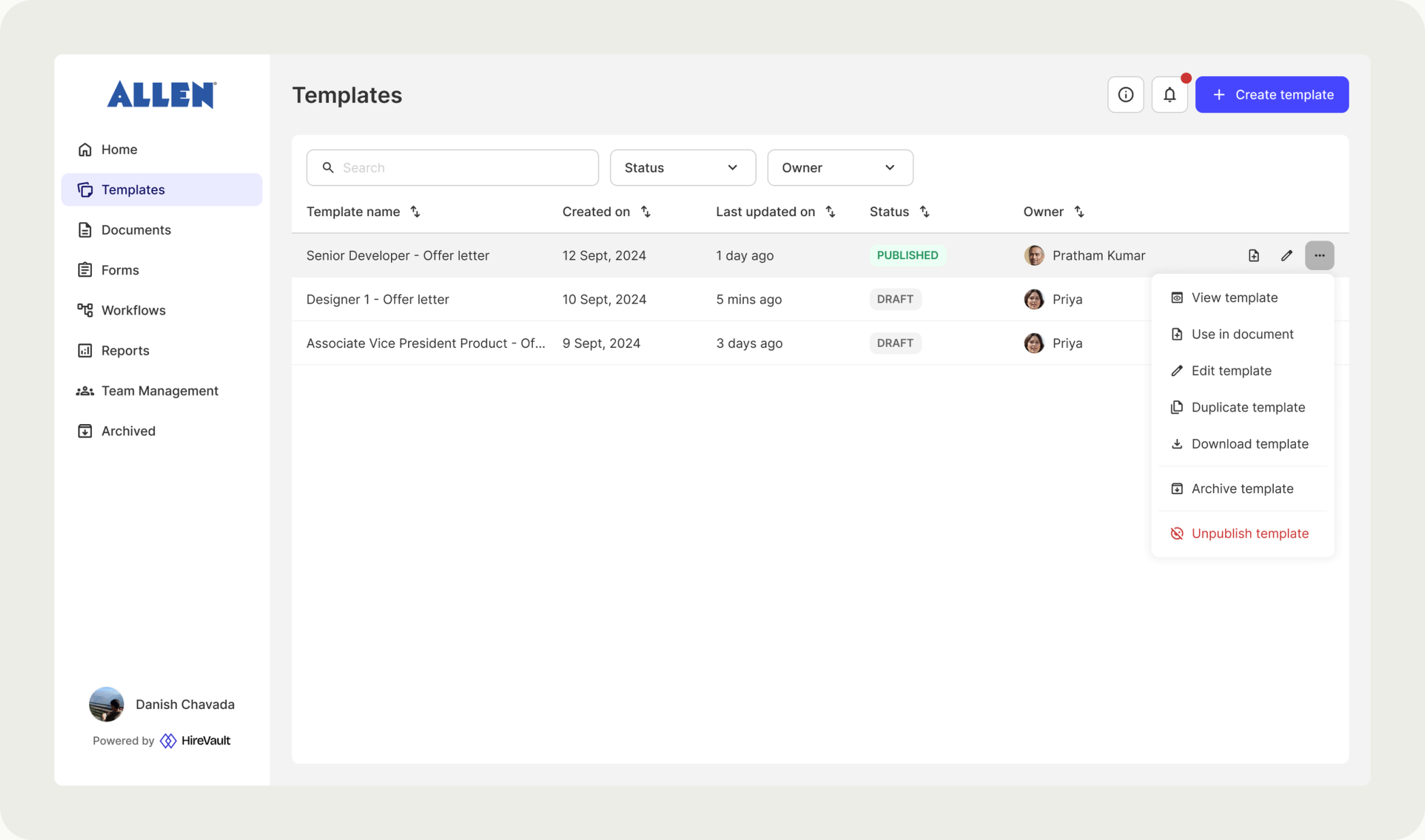 Row actions on a template