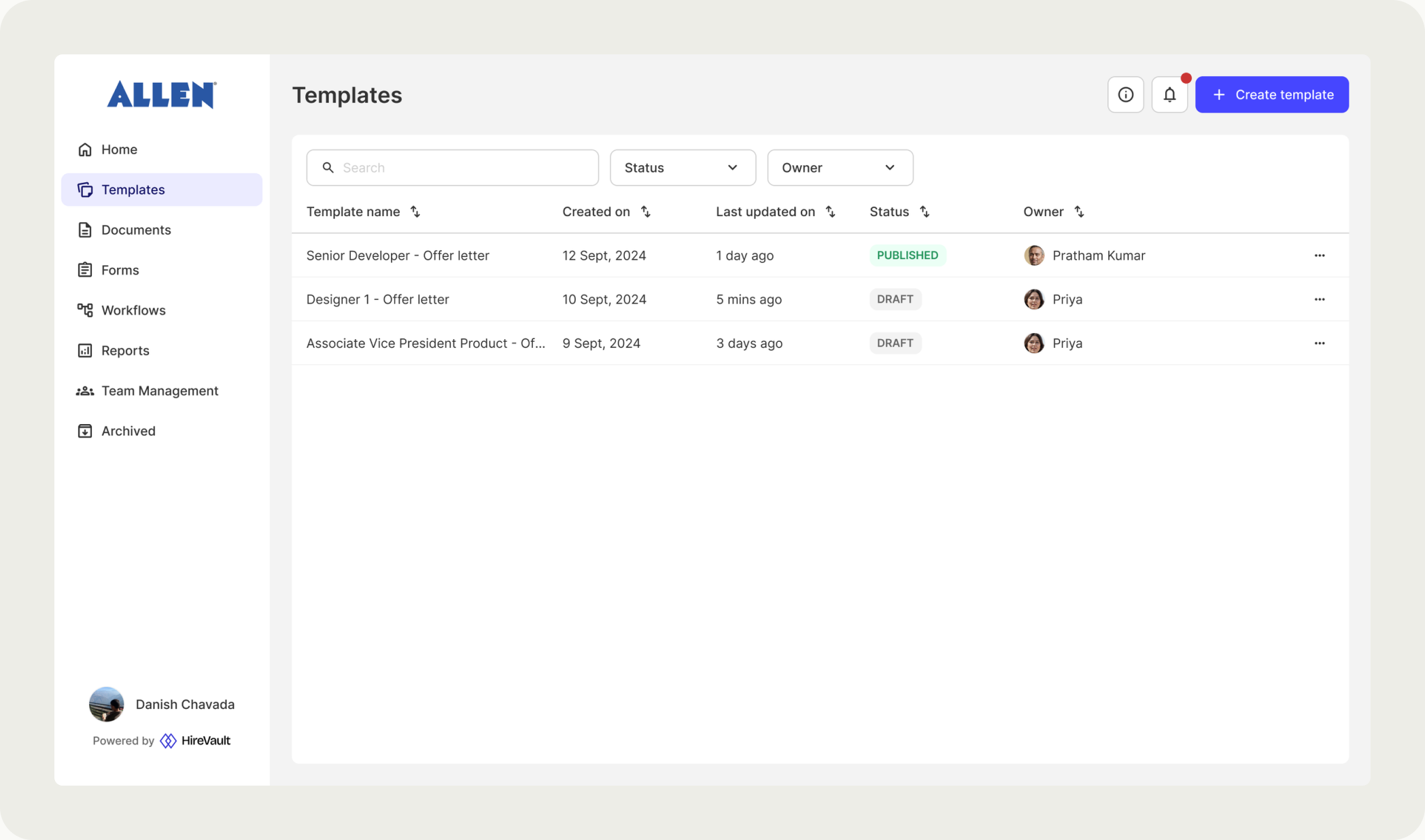 The templates dashboard