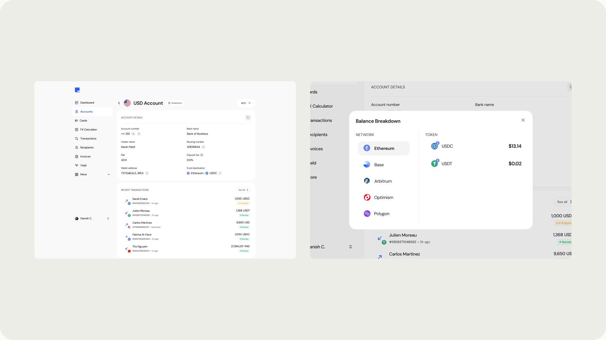 The accounts screen, with the default fund destination at the bottom