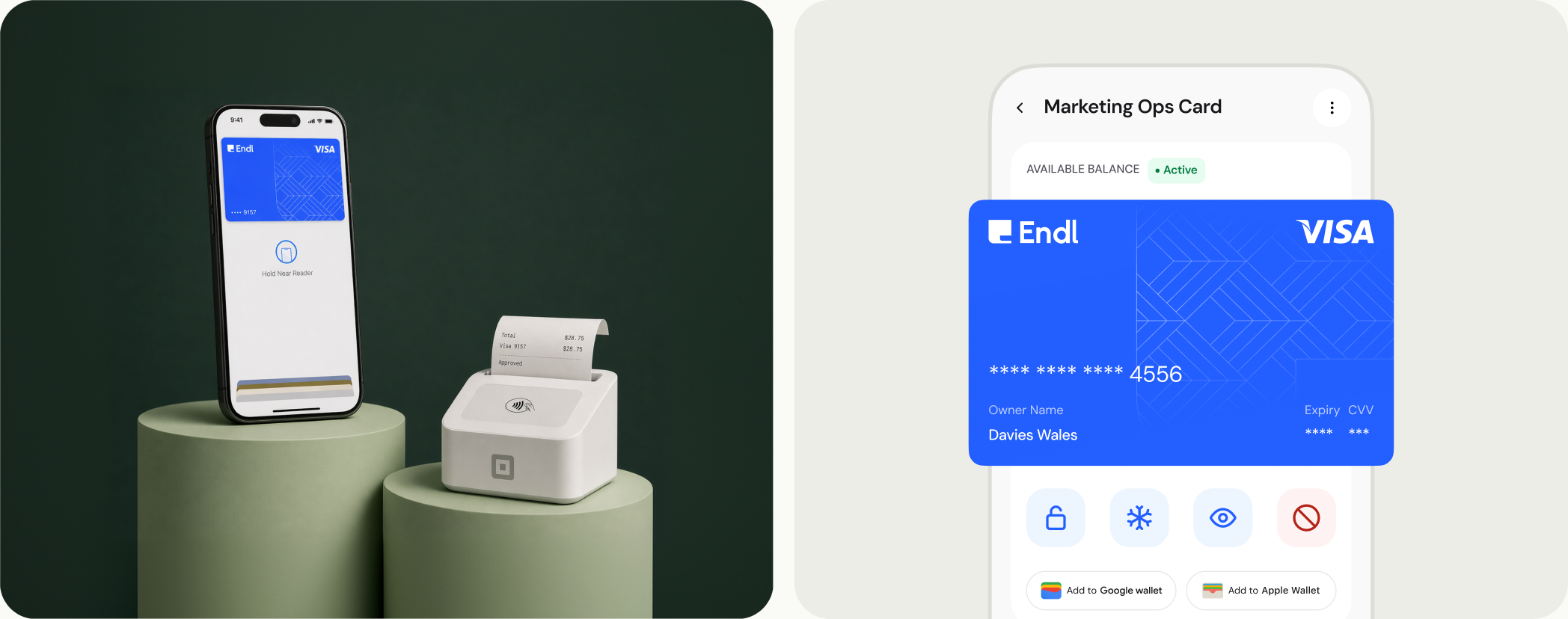 The card in Apple Wallet on a phone, and a single card's detail screen