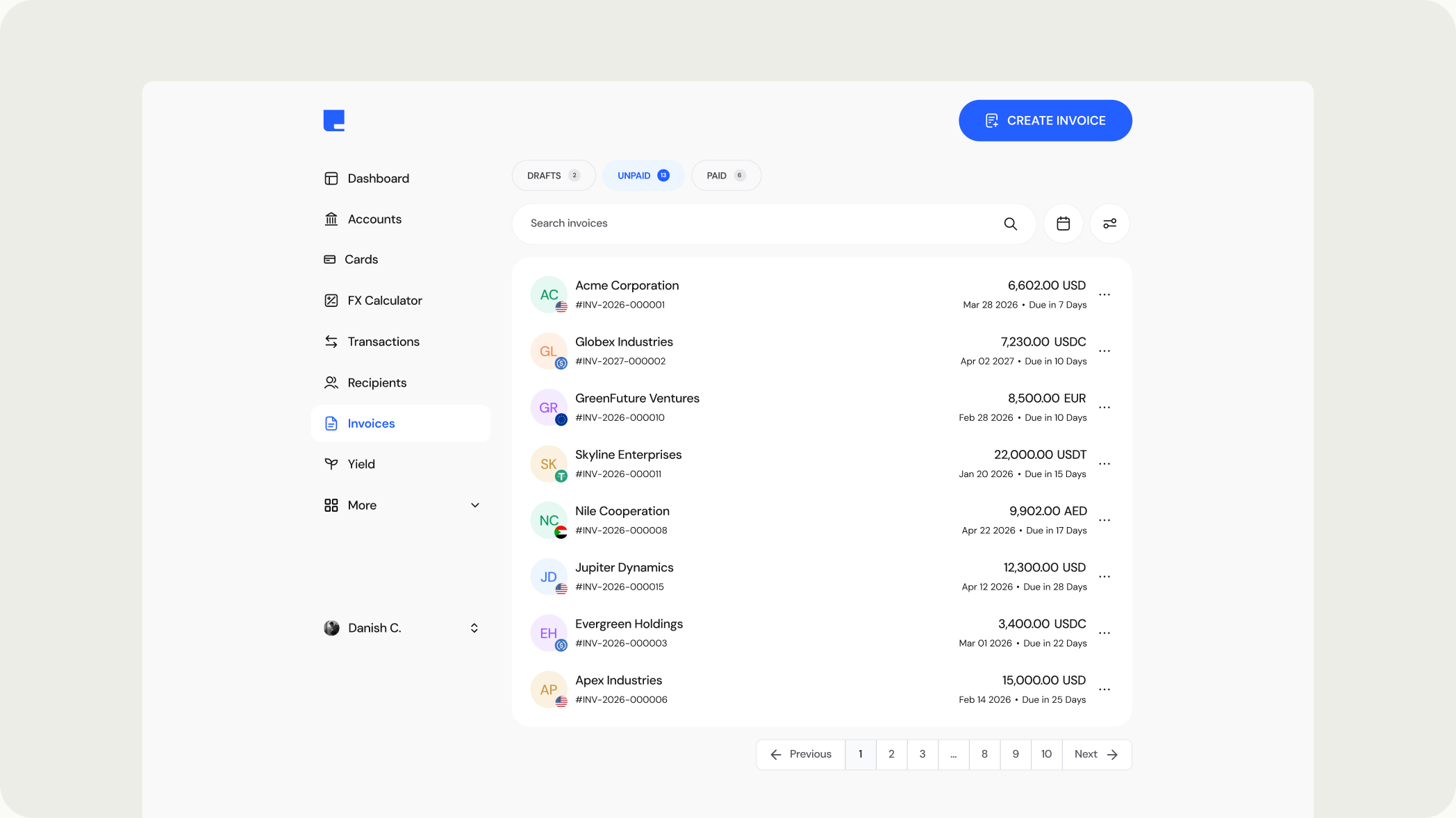 The invoice dashboard and the create-invoice form