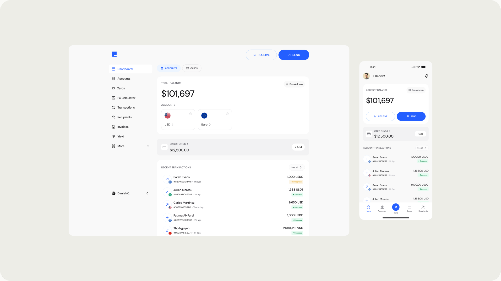 The revamped dashboard: one balance, centered layout, across screen sizes