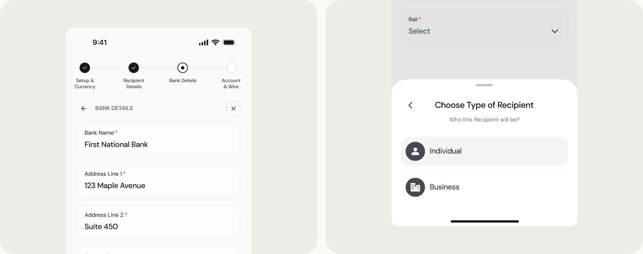 The recipient creation stepper, and choosing a recipient type