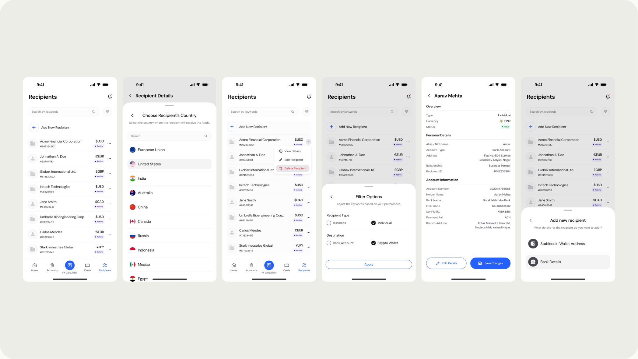 The recipients dashboard, with individuals and businesses separated