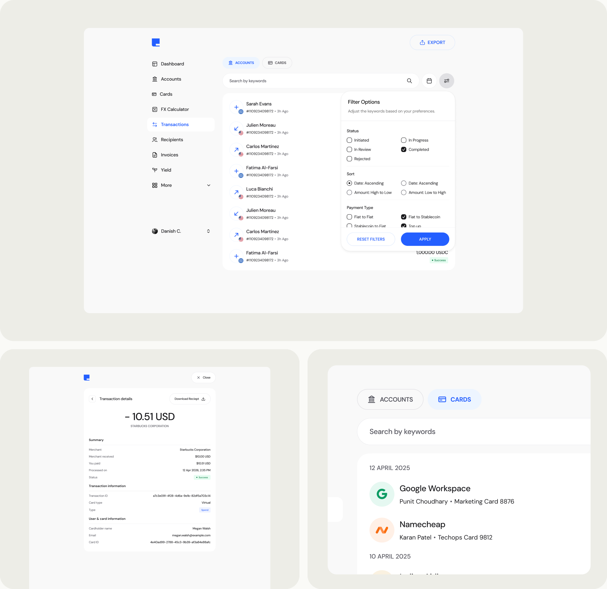 The transactions dashboard, its filters, and a transaction detail page