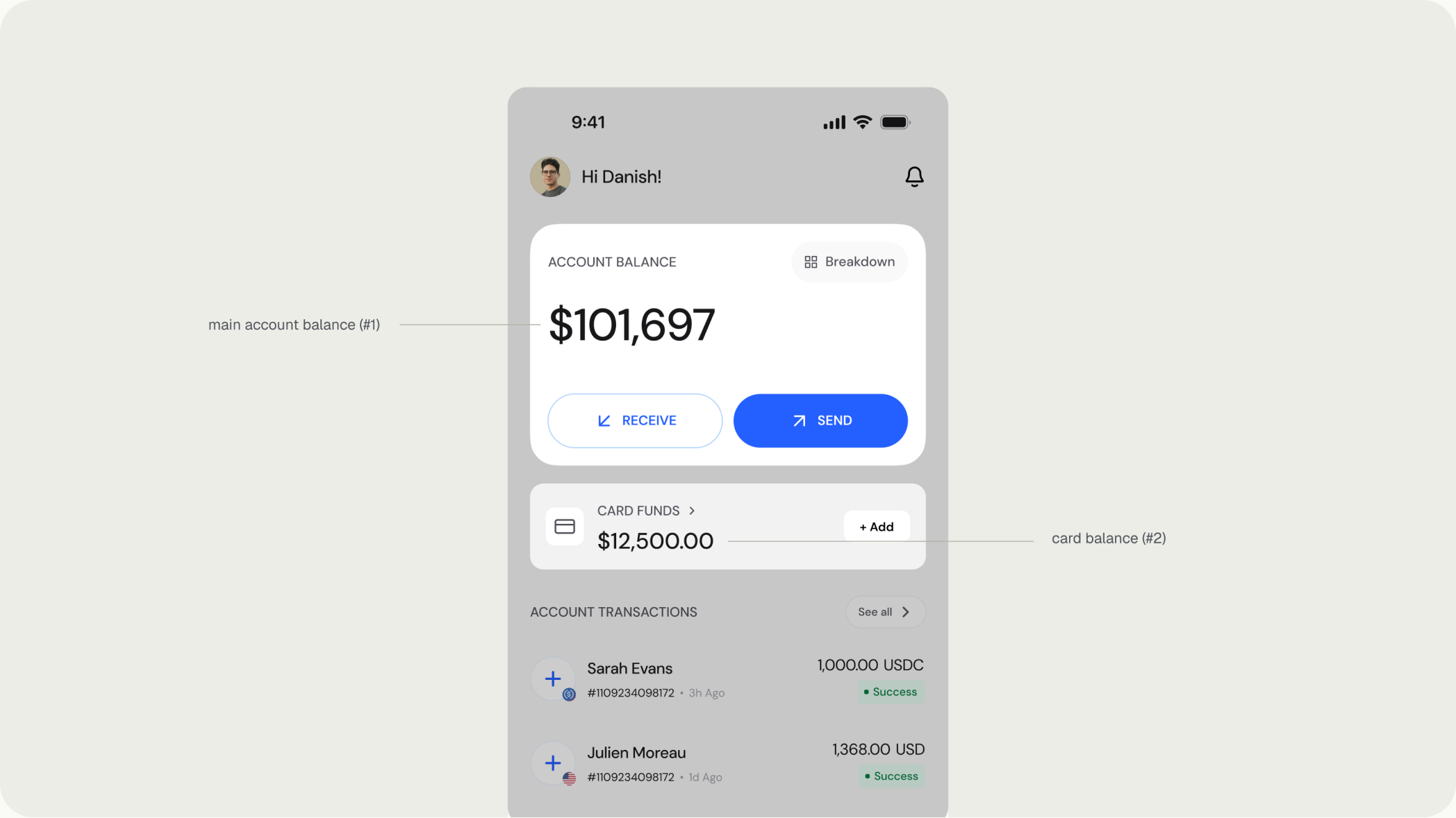 The account balance and card funds sharing the home screen