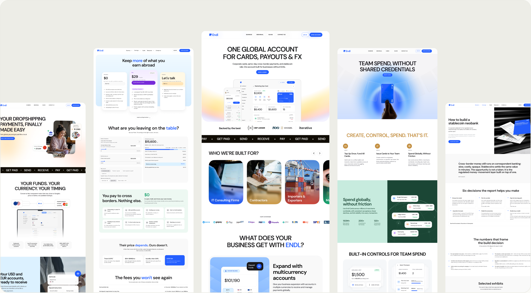 Four generations of the endl.io marketing site shown side by side